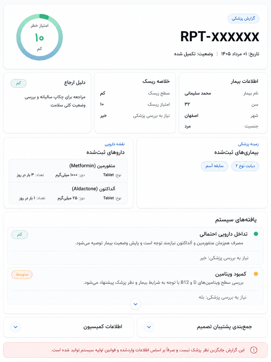 نمونه گزارش تحلیل ریسک بیمار در اهورا سلامت